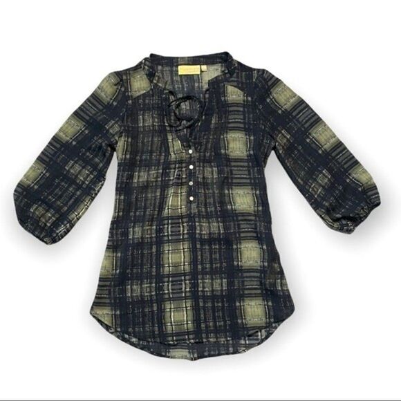 Princess by Vera Wang Blouse Women’s XS Windowpane Plaid Green Lace Up Tunic - Picture 1 of 8